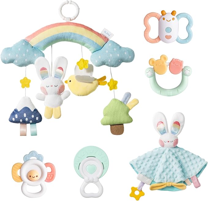 auby Cozy Bunny Newborn Gift Set - 6-in-1 Baby Soothing Essentials with Teethers, Plush Blanket & Hanging Toys for Crib,Stroller,Sensory Development,Machine Washable