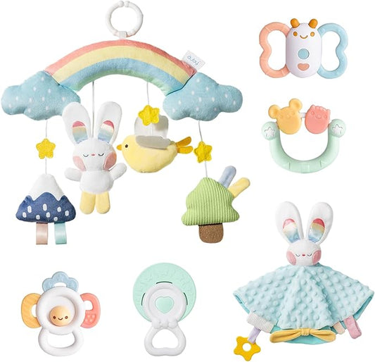 auby Cozy Bunny Newborn Gift Set - 6-in-1 Baby Soothing Essentials with Teethers, Plush Blanket & Hanging Toys for Crib,Stroller,Sensory Development,Machine Washable
