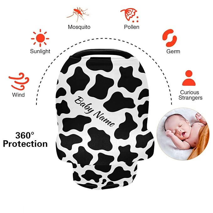 Personalized Cow Stripes Baby Car Seat Covers with Name, Custom Nursing Cover Breastfeeding Scarf Soft Breathable Stretchy Coverage, Infant Stroller Cover for Boys Girls