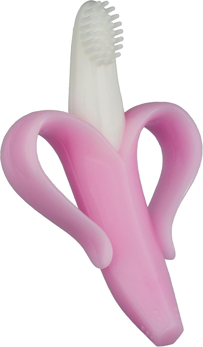 Baby Banana®Pink Teether-Toothbrush, Infant to Toddler, Made in USA, Butter-Soft Bristles for Gums and Teeth, Bendable Food Grade Silicone, Family-Owned Buisness Since 2009, 11 Million+ Sold