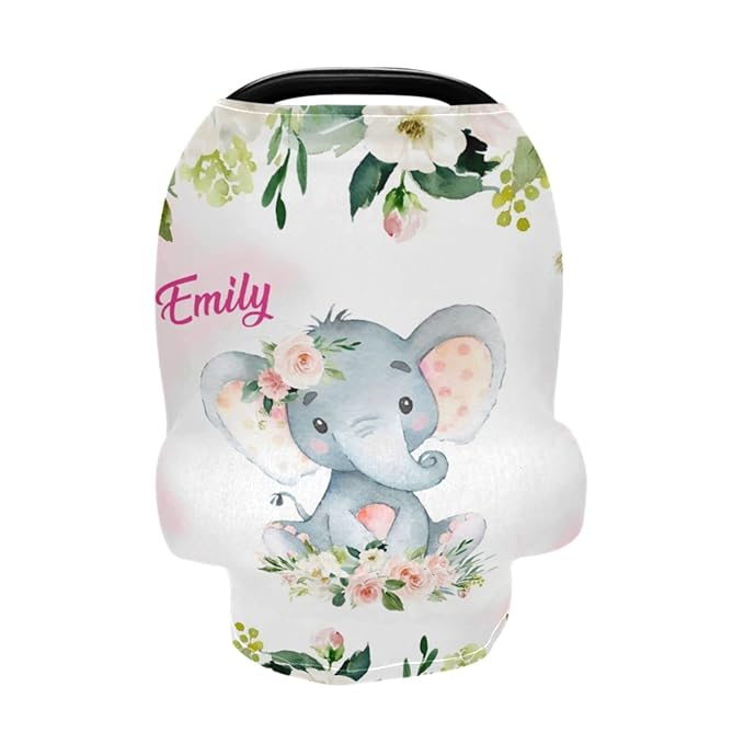 Personalized Baby Car Seat Covers with Name, Custom Nursing Cover Breastfeeding for Babies, Carseat Canopy for Girls, Infant Stroller Cover for Winter, Breathable Carseats Cover (Elephant Rose)