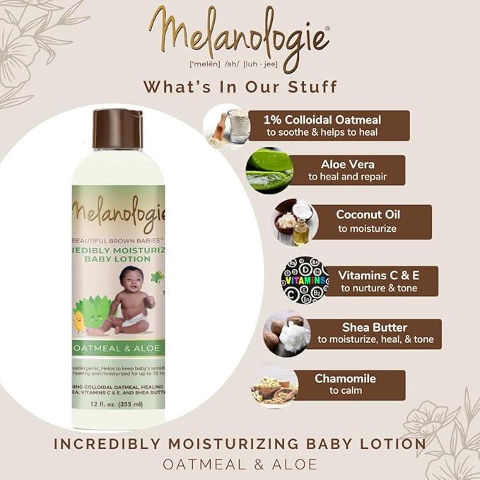Melanologie Beautiful Brown Babies Incredibly Moisturizing Baby Lotion with 1% Colloidal Oatmeal, Fragrance-, Alcohol-, Paraben- Phthalate-, Peservative, & Dye-Free, 12 fl. Oz