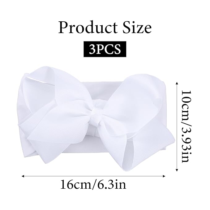 Tucnoeu 3pcs Baby Girl Headbands with Bows - Soft Stretchy Newborn Bows for Girls, Infant Toddler Hair Accessories White/Pink/Frosty White