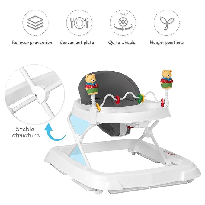 Baby Walker, Collapsible Baby Activity Walker with Walking Toys & 3-Levels Adjustable Height, Comfy High Back Seated Baby Walker with Wheels for Boys & Girls (Grey)