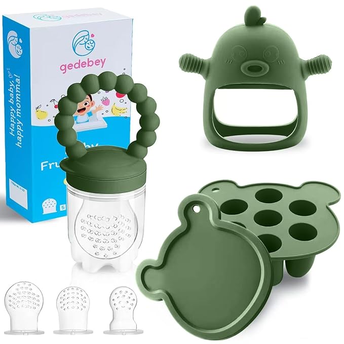 6-in-1 Baby Fruit Feeder Pacifier & Baby Food Feeder Set – Silicone Breastmilk Popsicle Mold with Freezer Tray, Teething Relief Toy, BPA Free Infant Feeder, 3 Sizes (S/M/L) Sacs (Olive Green)