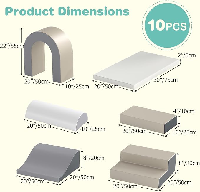 Olakids Toddler Climbing Toys Indoor, 10 Pieces Baby Foam Blocks Soft Play Set with PU Leather, Kids Climb Crawling Activity Gym Playground for 1+ Years (Gray)