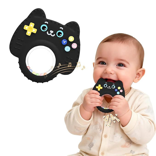 Silicone Baby Teething Toys for 0-6-12 Months, Kitten Remote Rattle Teether for Infant Gum Relief, No BPA Chew Toy for Infant 0-3-6-9-12, Easy-Grip Ring Gift for Travel & Bath