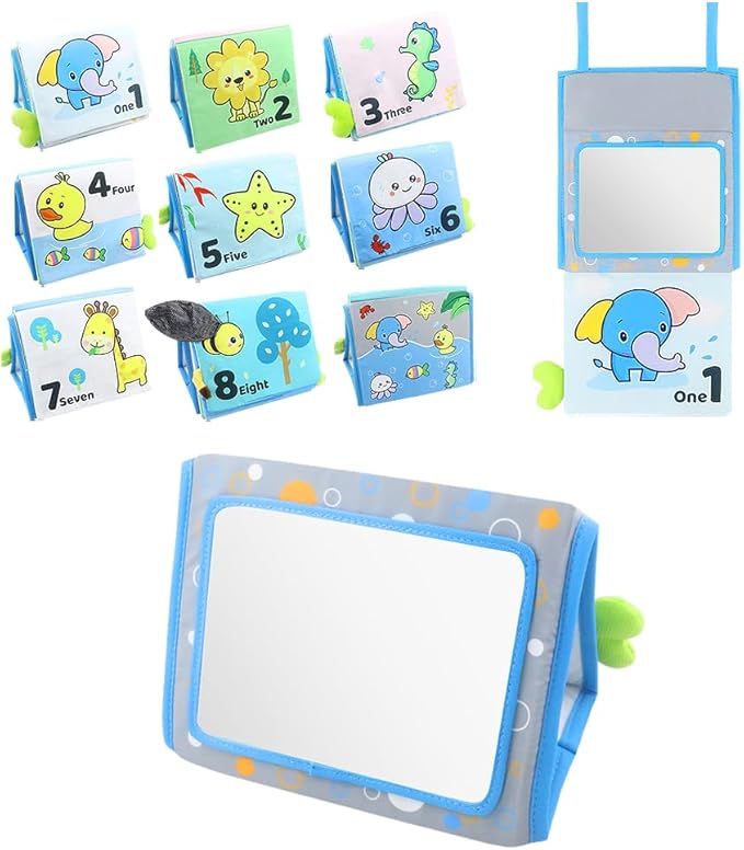 Caterbee Baby Mirror Toys, Inant Tummy time Toy Cloth Book with Mirror, Fun Crinkly Sounds for Early Learning and Developmental Playtime 0 Months up