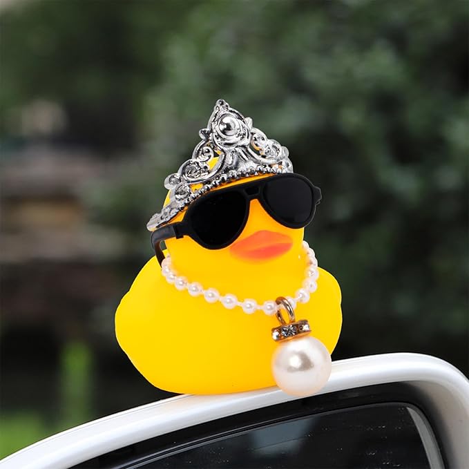 wonuu Car Duck Rubber Duck Car Ornaments Duck Car Dashboard Decorations with Cute Headband Swim Ring Necklace Sunglasses, C-Female Crown&Pearl&Pink