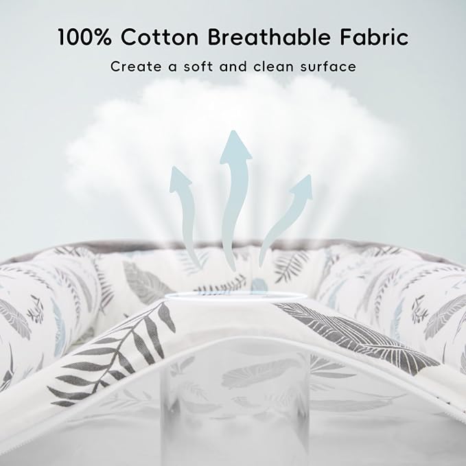 Portable Baby Lounger, Soft Baby Nest Cover Breathable Cotton Fabric, Adjustable Infant Lounger for Baby, Adjustable Size and Strong Zipper, Extended Space for Newborn 0-24 Months, Leaf