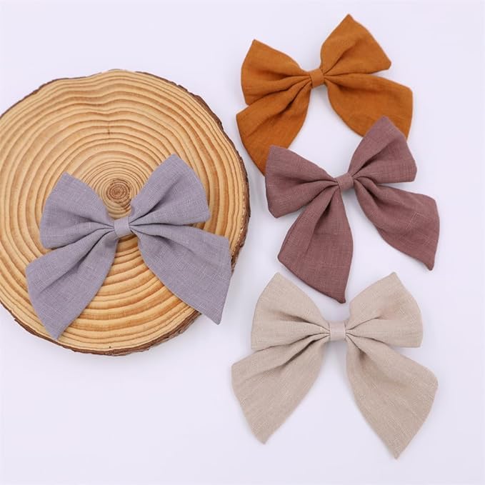 4 PCS Sailor Bow Hair Clips for Kids Girls Women Linen cotton Hair Bow Alligator Clips Baby Toddler Girl Mom Hair Accessories (Beige/Gold)
