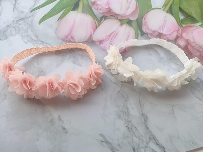 Jilukibo Baby Elastic Lace Bows Flower Headbands, Stretch Gold Princess Floral Hair Band Headwear for Infant Girls Toddler Hair Accessories (2 Pack, White Pink)