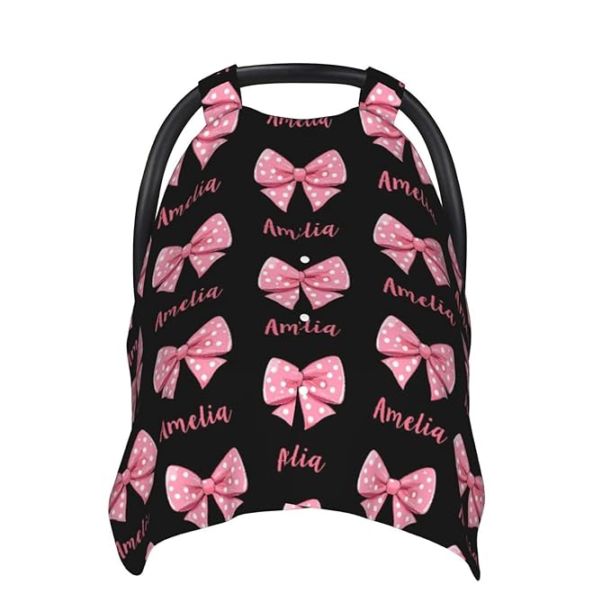 Personalized Name Car Seat Covers for Baby Girls, Custom Bows Baby Carseat Canopy, Nursing Cover for Breastfeeding, Strollers Car Seat Canopies for Babies Infant Newborn, Baby Shower Gifts