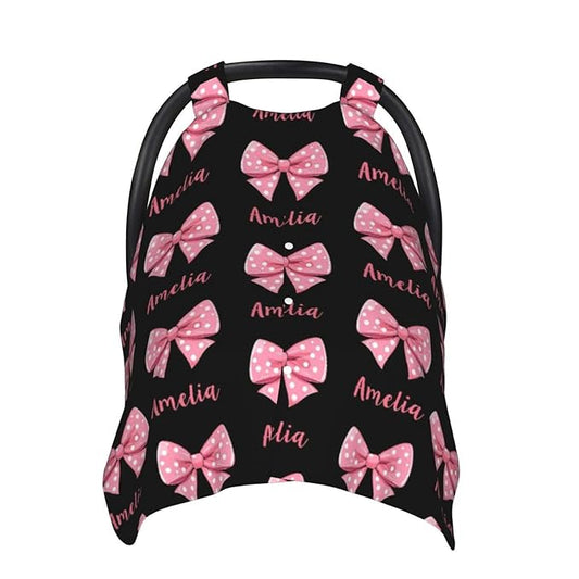 Personalized Name Car Seat Covers for Baby Girls, Custom Bows Baby Carseat Canopy, Nursing Cover for Breastfeeding, Strollers Car Seat Canopies for Babies Infant Newborn, Baby Shower Gifts