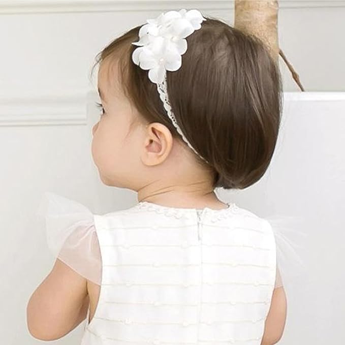 Baby Girls Hairband White Bow Lace Headbands Handmade Soft Stretchy Wide Head Band Newborn Hairbands with Bows Pearls Elastic Headband for Infant Hair Accessories（White Flower）