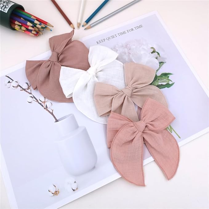 Pack of 4 Gorgeous Fable Bow Hair Clips for Girls Women Linen Hair Bow Alligator Clips Toddler Baby Mom Young Girl Hair Accessories (Antique Natural)