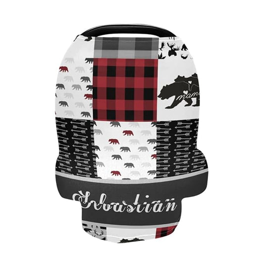 Personalized Baby Boy Car Seat Covers with Name, Custom Woodland Bear Nursing Cover Breastfeeding for Babies, Multiuse Carseat Canopy, Infant Stroller Cover, Breathable Carseats Cover