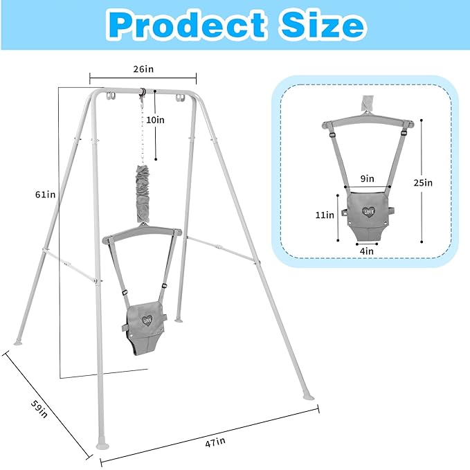Baby Jumper with Stand, Infant Jumper with Adjustment Strap, Indoor/Outdoor Toddler Swing Set, Baby Jumpers and Bouncers for Boys Girls 6-24 Months, Easy to Assemble & Store (Gray)