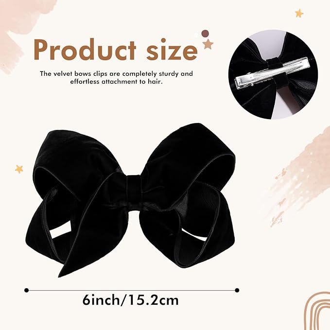 Oaoleer 2PCS 6inch Velvet Hair Bows Clips, Black Velvet Bows Hair Alligator Clips Hair Barrettes for Baby Girls Infants Toddlers Kids Teens Children