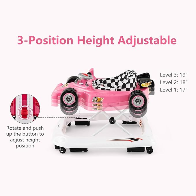 INFANS Foldable Baby Walker, 3 in 1 Toddler Activity Center Leaning-Seated Walk-Behind with Steering Wheel, Adjustable Height, Lights, Music, Washable Seat Cushion (Pink)