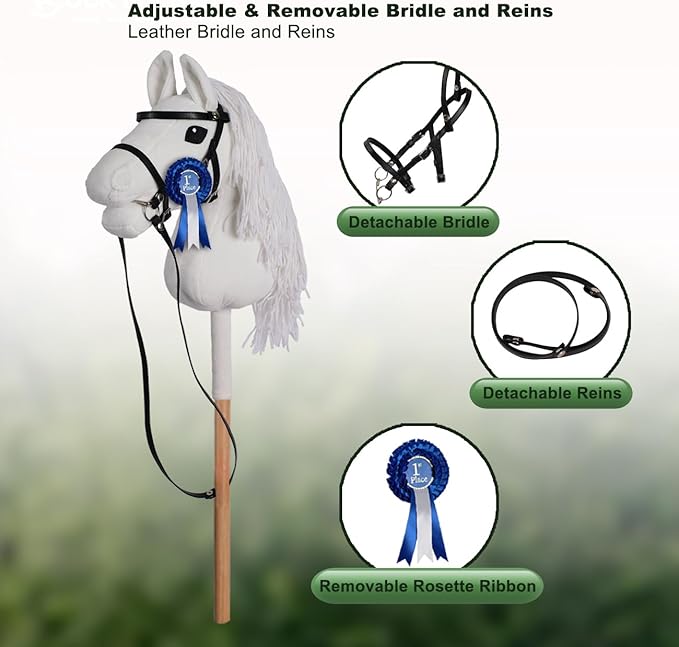 ROCK MY BABY Hobby Horse with a Detachable Bridle Plush Handmade Stick Horse with Removable Rosette Ribbon for Kids 3+ Years Old (White)