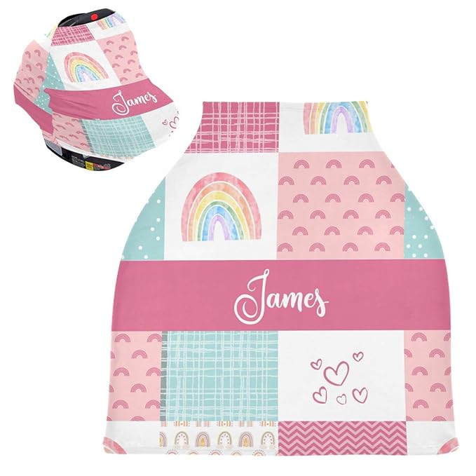 Personalized Rainbow Baby Car Seat Covers for Girls, Custom Name Nursing Cover Breastfeeding Scarf, Carseat Canopy for Girls, Infant Stroller Cover, Breathable Carseats Cover
