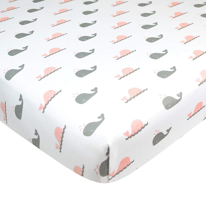 American Baby Company 2 Pack 100% Natural Cotton Fitted Pack and Play Sheets 39" x 27" - Soft & Breathable Pack N Play Sheets for Playard & Mini Crib Mattress, Pink Whale/Zigzag, for Boys & Girls