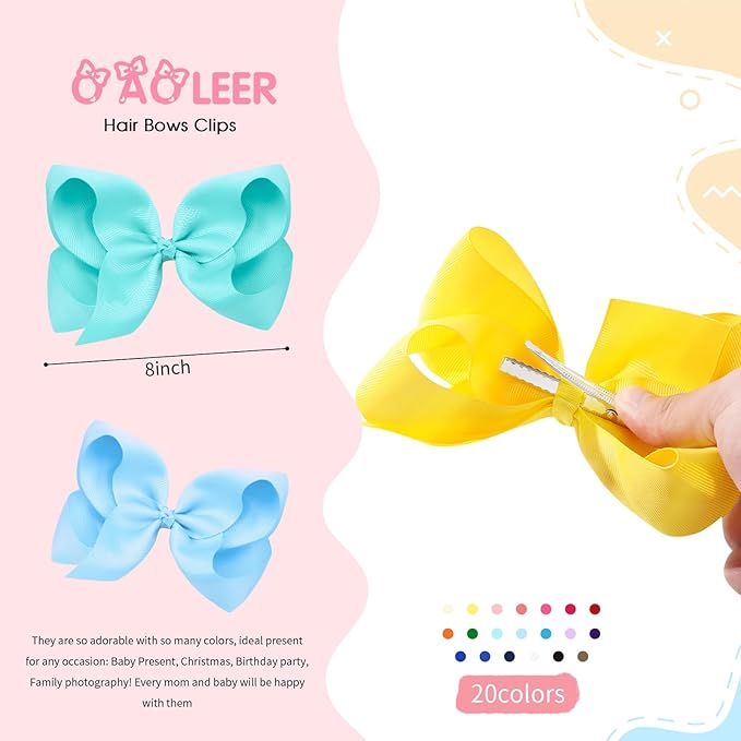 Oaoleer 20PCS 8 Inch Hair Bows for Girls Grosgrain Ribbon Toddler Hair Accessories with Alligator Clips for Toddlers Baby Girls Kids Teens in Pairs