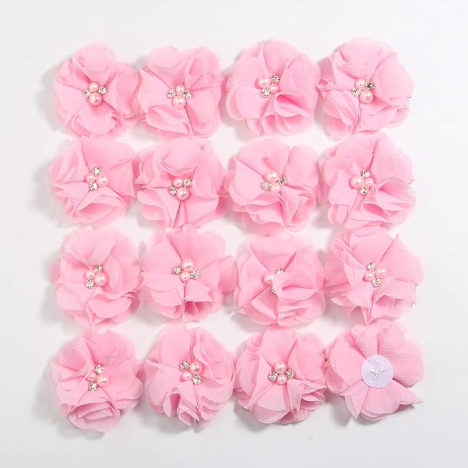 50 Pcs 2" Mini Chiffon Flowers with Rhinestones for Baby Girls Hair Accessories Artificial Fabric Flowers for Headbands Craft Projects (Pink)