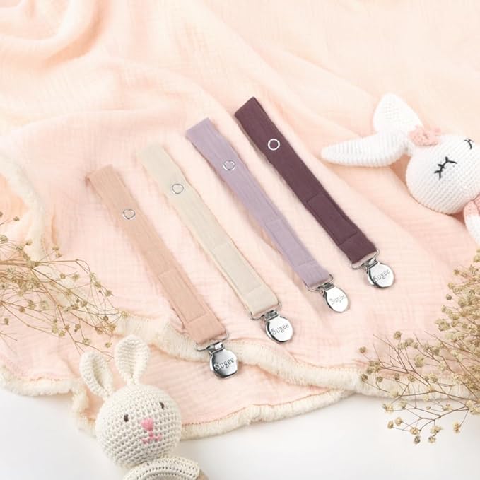 Baby Pacifier Clip Leash Holder Unisex for 4 Pack Gift Set with Neutral Solid Colors ;Soft Linen Pacifier Clips ; Fabric Pacifier Strap with Clip Keeps Pacifiers & Teethers in Place (Purple