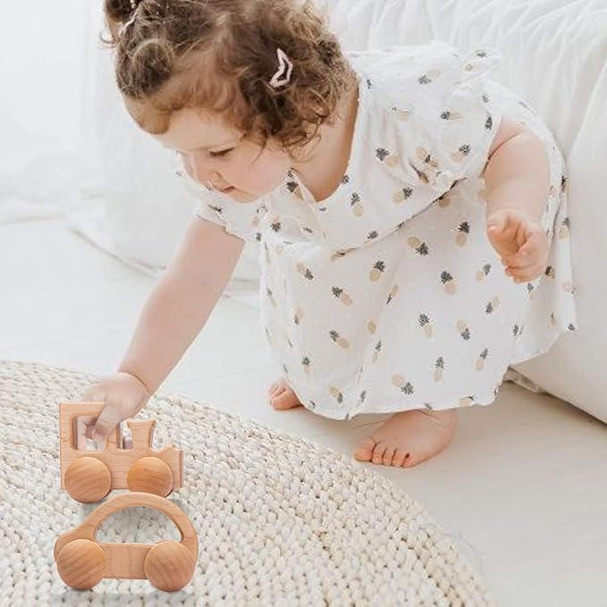 Promise Babe Wooden Rattle Push Car Toys Set - Infant Wooden Rattles, Hand Push Cars, Montessori Natural Wood Toys for Newborn