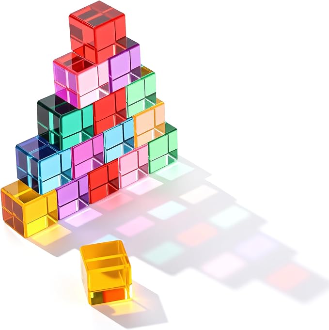 Meooeck 20 Pcs Acrylic Gem Cubes Blocks for Kids Translucent Rainbow Building Blocks Crystal Light Shadow Stacking Toys for School Education Training Learning(2.5 x 2.5 x 2.5 cm)