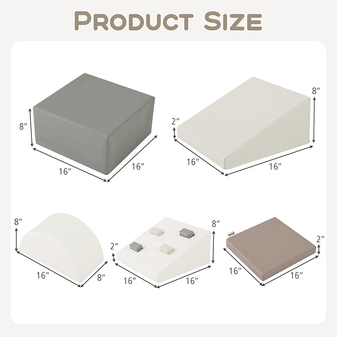Olakids Climbing Toys for Toddlers, 6 Pieces Baby Foam Blocks Soft Play Set with PU Leather, Indoor Kids Climb and Crawl Sliding Activity Structure Gym Playground Climber (Gray)