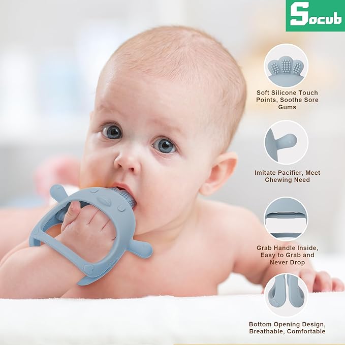 Socub 2 Pack Baby Teething Toys for Babies 0-6 Months, Silicone Teething Mitten and Wooden Ring Toy for Babies 6-12 Months, No Drop Teether Mitten and Ring Teether for Teething Relief(Dark Pink)