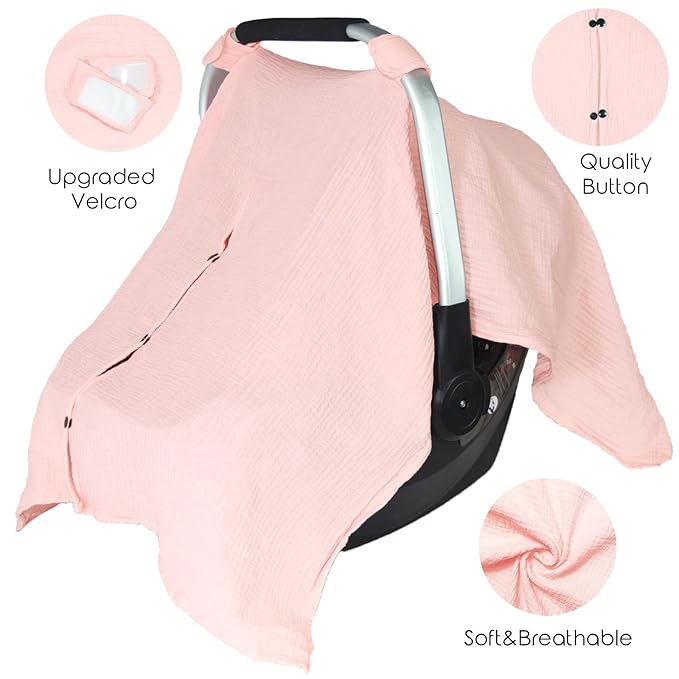 Organic Cotton Muslin Baby Car Seat Cover, Multi Use for Nursing Cover,Breathable Carseat Canopy for Boys Girls (Pink)