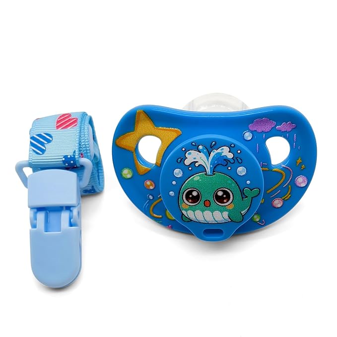 Adult Pacifier and Clip Set - Paci for Anxiety with Case - Whale Soft Silicone Large Nipple for Sleep - Binky for Autism