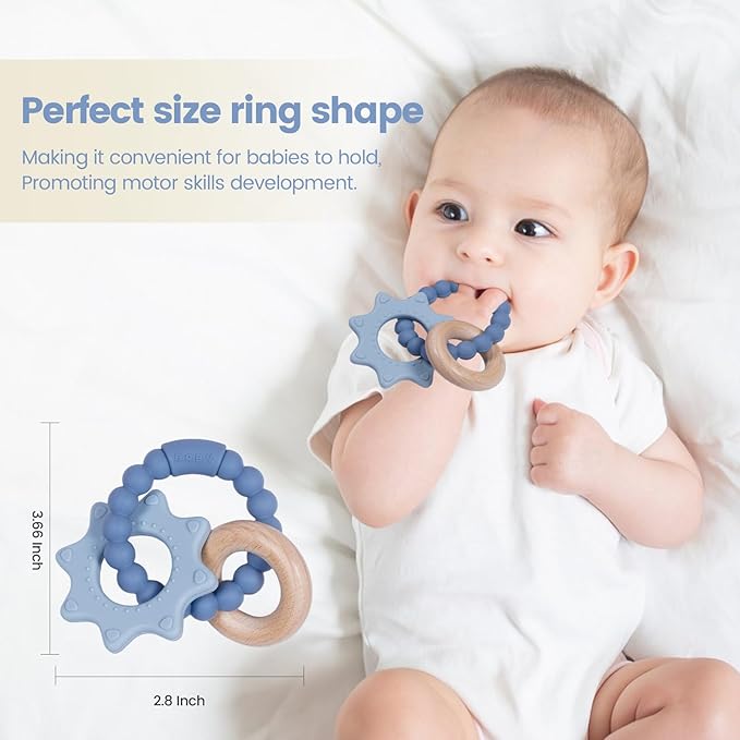 Baby Silicone and Wood Teether Ring Toy,Food Grade Silicone Chew Toys for 3-6,6-12,12-18 Months Newborns,Infants,Toddlers Teething Relief,Safe and Soft,BPA Free,Baby Essentials. (Star)