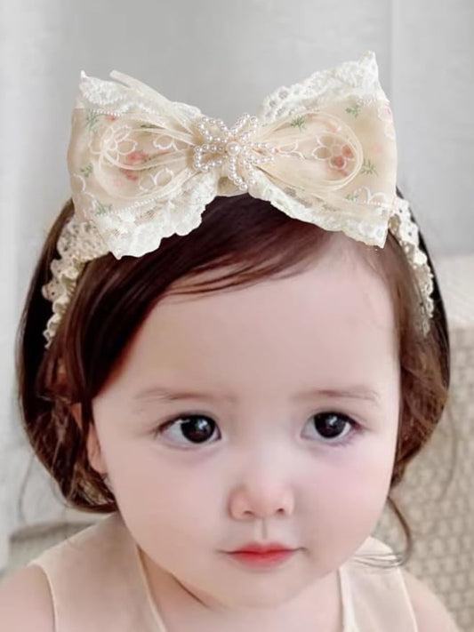 Baby Girls Hairband White Bow Lace Headbands Handmade Soft Stretchy Bowknot Hairbands Newborn Headband with Bows Pearls Elastic Head Band for Newborn Infant(Flower Embroidered Pearl Bow)