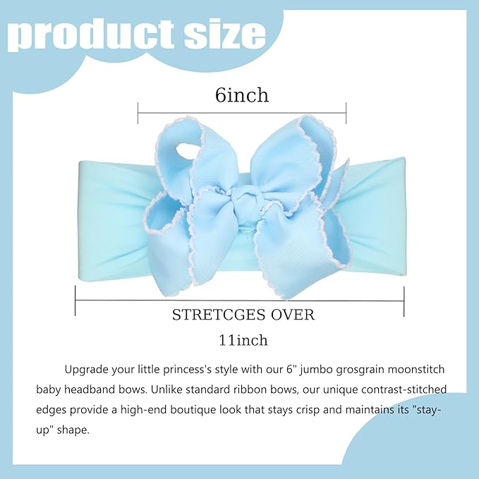 6'' Jumbo Blue Baby Girls Bow Headbands, Handmade Grosgrain Moonstitch Boutique Baby Headwraps, Super Stretchy Soft Nylon Headbands for Newborns, Infants & Toddlers