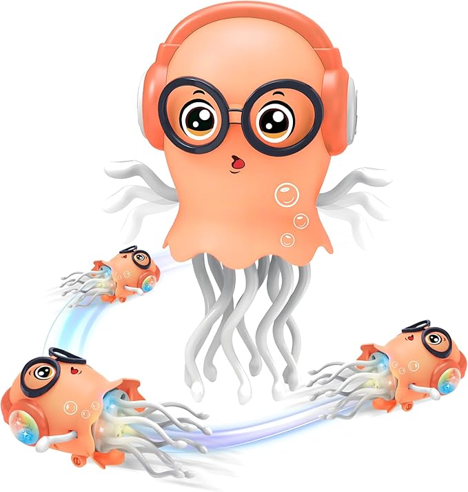 Magic Electric Dancing Jellyfish Toy with Led Light and Music,Playful Automatic Steer Crawling Dancing Baby Toy with Smart Tentacle Explorer,Octopus Toy,Tummy Time Toys (Orange)
