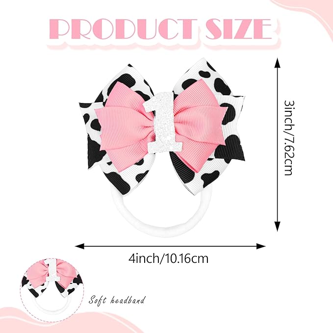 Cow Print Birthday Bow Hair Clip, Pink Farm Animal Theme 1 Year Old Hair Bow Clip Accessory for Toddler Girls Party Baby Shower Decor