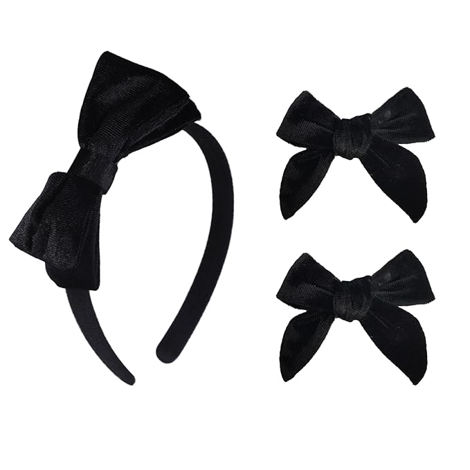 Velvet Bow Headband & 2 Pcs 4 Inch Hair Bows Set, Black School Hair Accessories for Little Toddler School Girls (Velvet Black)
