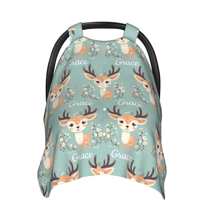 Personalized Baby Car Seat Canopy for Babies with Name, Custom Car Seat Covers for Boys Girls, Infant Opening Minky Nursing Breastfeeding Stroller Cover Carseat Canopies for Newborn (Woodland Deer)