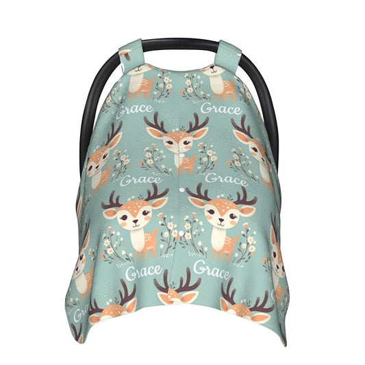 Personalized Baby Car Seat Canopy for Babies with Name, Custom Car Seat Covers for Boys Girls, Infant Opening Minky Nursing Breastfeeding Stroller Cover Carseat Canopies for Newborn (Woodland Deer)