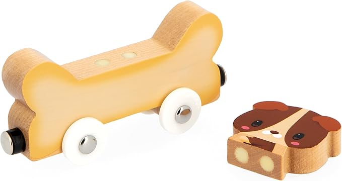 Janod - Pets Wooden Animal Car Train Push and Go Playset - Toddler Playtime - Magnetic Interchangeable Cars - Encourages Imaginative Play - Adorable Animal Characters, Safe Quality Materials