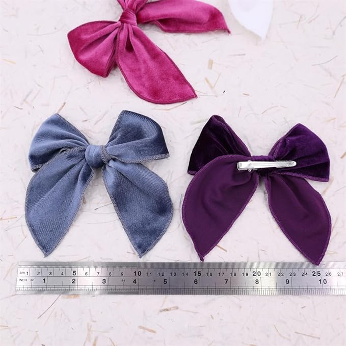 Pack of 4 Large Velvet Fable Bow Hair Clips for Kids Toddler Girl Mom Velvet Hair Bow Alligator Clips Baby Girls Women Hair Accessories (Purple/Smoke Blue)