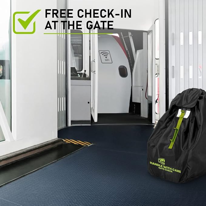 KiddiGo Car Seat Travel Bag For Airplane, Black & Green, 33” H x 18” W x 18” D, Fits Most Standard Convertible, Booster & Infant Car Seats, Gate Check Universal Size Car Seat Cover, Easy Carry Design