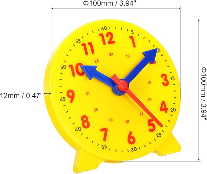 PATIKIL 4 inch Teaching Clock, Learn Clock Learning Tell Time Analog Clock Demonstration Clock 24 Hour 3 Pointers Geared Movement for Classroom Teacher, Yellow
