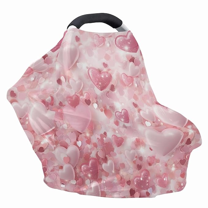 Pink Love Heart Print Stylish Infant Babies Nursing Cover Valentine's Day Theme Stretchy Car Seat Canopy for Shopping Cart/High Chair/Stroller Covers