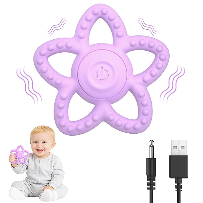 Vibrating Teether for Baby - Dual Use Vibrating Soother for 3-6 Months/6-18 Months & Sensory Toys for Kids with Autisms, Baby Teething Toys with 3 Vibration Modes(Purple)
